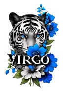 tiger eyes with blue pupils and a blue flower , the word virgo with shading around and blue flowers ,  tattoo design idea