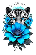 tiger eyes with blue pupils and a blue flower , the word virgo with shading around and blue flowers ,  tattoo design idea