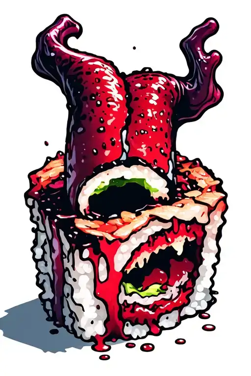 horror scene, sushi roll made with penis, blood tattoo design idea