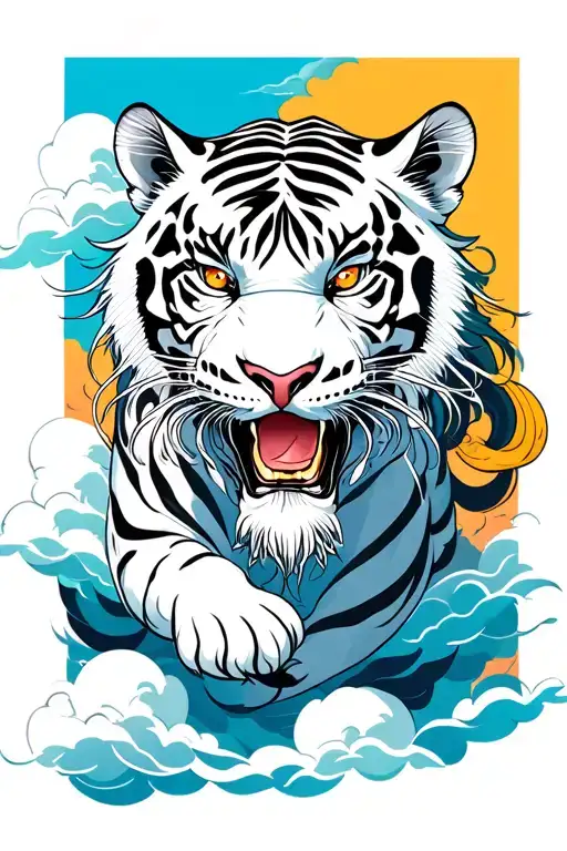 white tiger climbing down clouds tattoo design idea