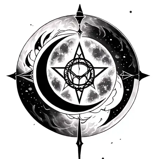 Lineart, full moon with upright pentacle in the center, waxing crescent on the left, waning crescent on the right, torch tattoo design idea