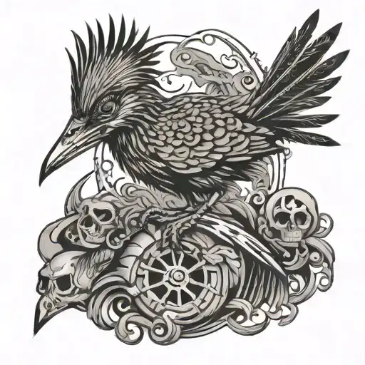 roadrunner bird and skull wearing tattoo design idea