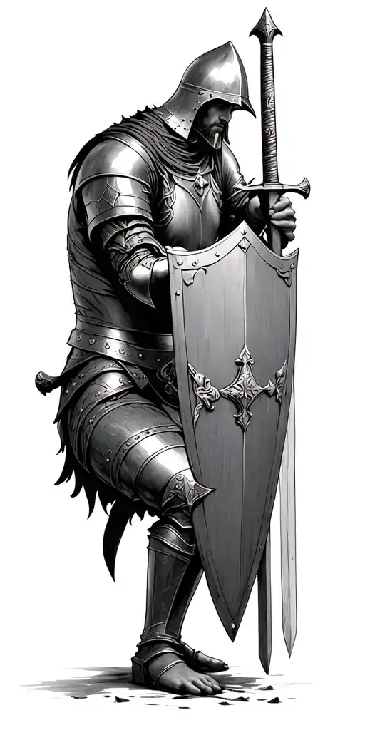 13th century knight kneeling before the shield of a fallen knights shield while resting on his two hand sword  tattoo design idea