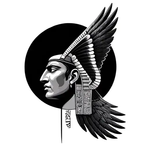 Egyptian God, Horus wings down full body face on with moon behind and Egyptian writing down the sides tattoo design idea