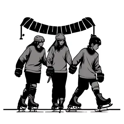 Ice Hockey father mother older daughter and younger son walking with skates to outdoor rink tattoo design idea