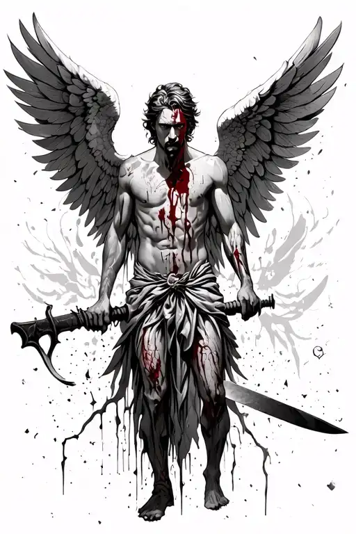 guardian angel after the battle, man, face not visible, spread wings, scars, wounds and blood on the body, weapon in hands tattoo design idea