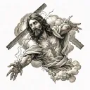 Jesus holding cross surrounded by clouds and lightning  tattoo design idea