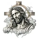 Jesus holding cross surrounded by clouds and lightning  tattoo design idea
