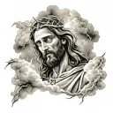 Jesus holding cross surrounded by clouds and lightning  tattoo design idea