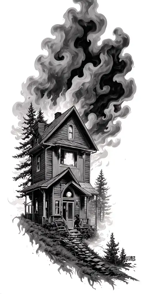 Firefighter in a house surounded by woods on fire  tattoo design idea