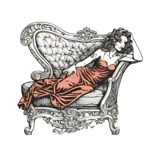 A seductive woman with flowing wavy hair in a glamorous red dress, draped elegantly across a chaise lounge. Her pose is alluring, with confident eyes gazing directly forward. tattoo design idea