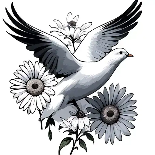 "Just minimalistic line work" white pigeon flying holding Daisy flower tattoo design idea