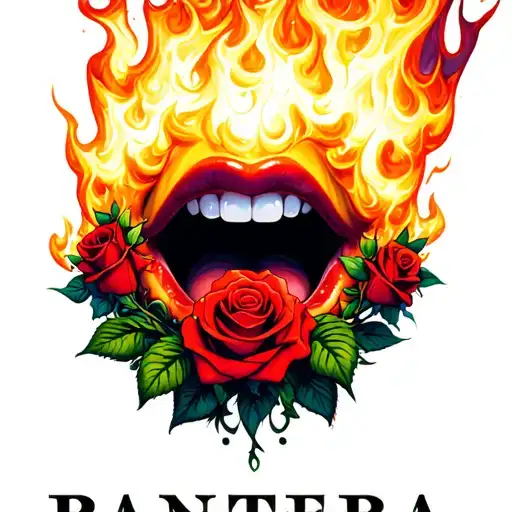 "PANTERA" An abstract design of a mouth breathing out fire with roses blooming from the flames tattoo design idea