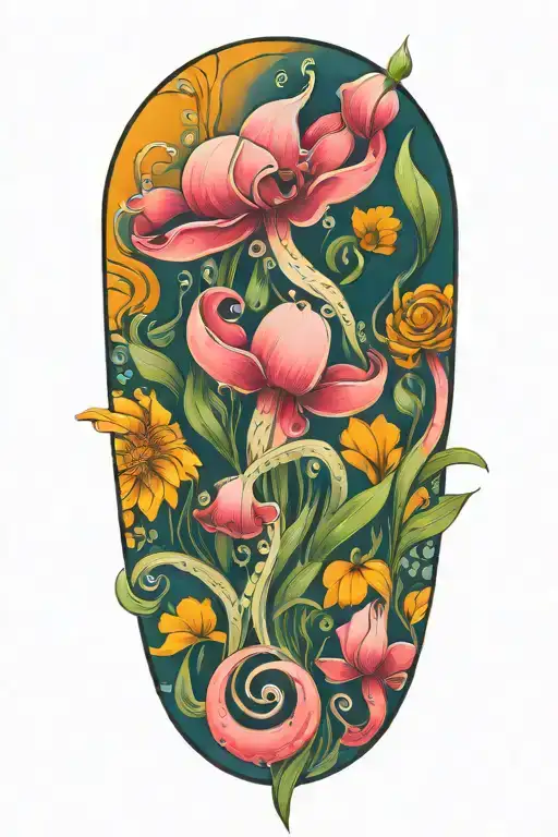 snowdrop, rose, marigold, octopus tentacles tattoo design idea
