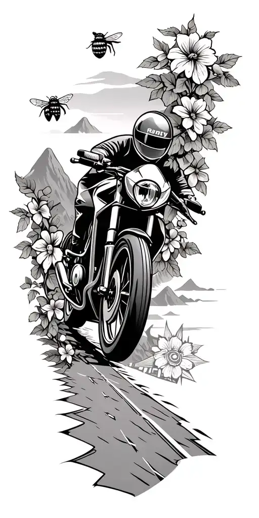 A modern racing bike on a stylized road, with flowers, raspberry vines, a bee, mountains and a compass in the background tattoo design idea