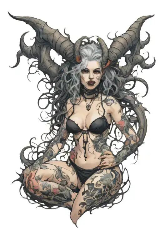 Sexy Pale Girl, petite, big boobs, wide hips, G-String. Messy hair, demonic horns, sexual. Seductive smile. Full Body tattoo design idea