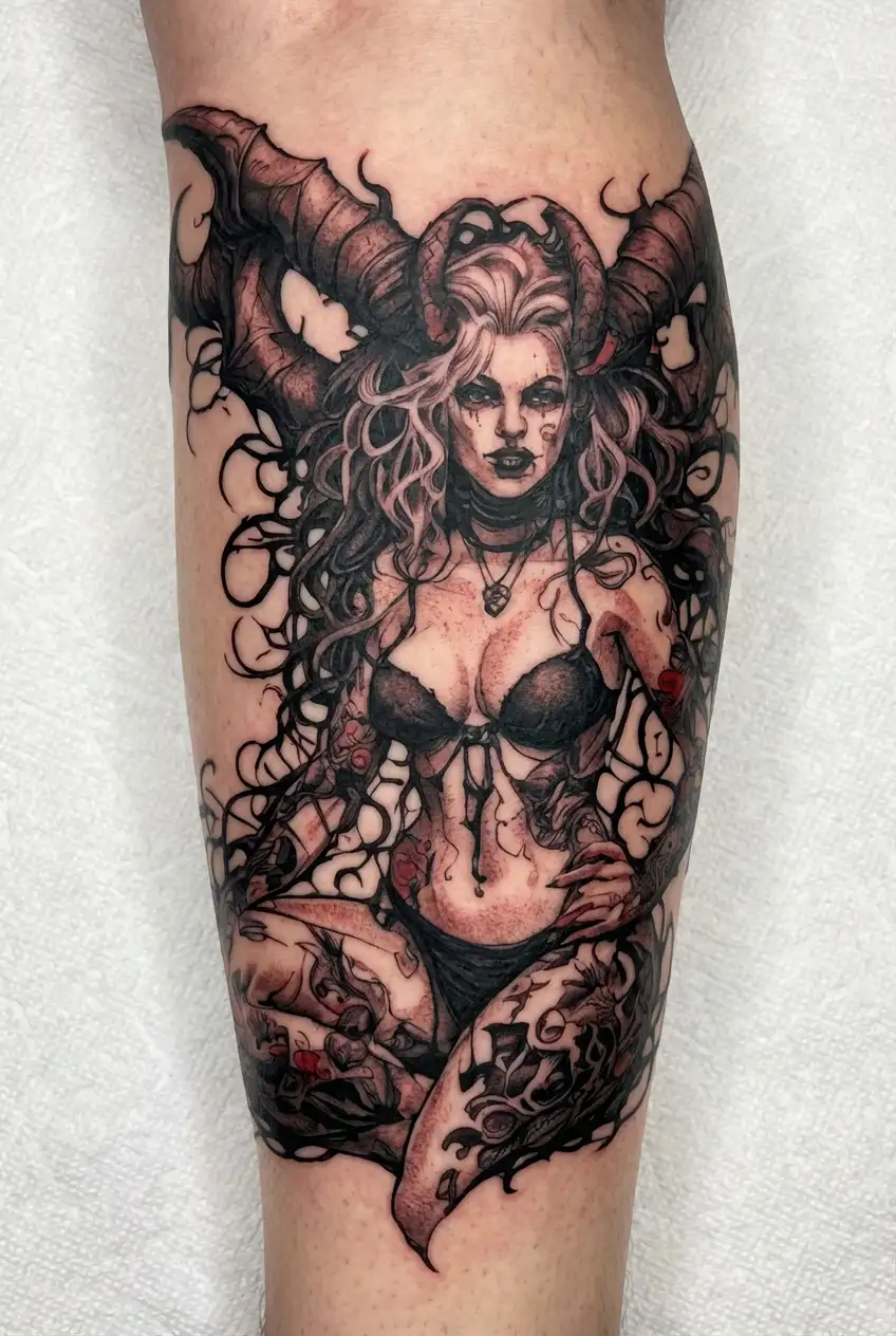 Sexy Pale Girl, petite, big boobs, wide hips, G-String. Messy hair, demonic horns, sexual. Seductive smile. Full Body tattoo design idea