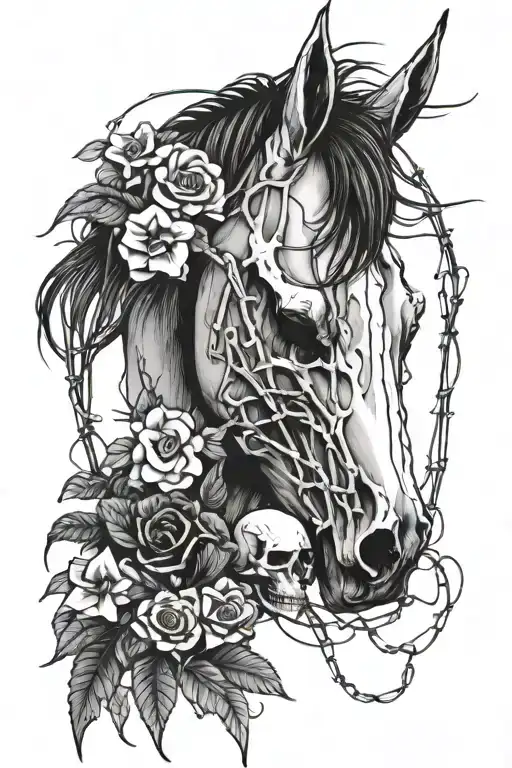 flowers, barbed wire and horse skull  tattoo design idea