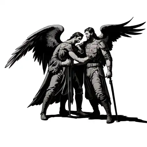 Angel gabriel and angel kastiel patting down the shoulder of azrael wearing a military uniform tattoo design idea