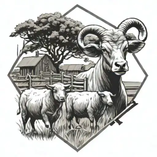 farm scene featuring fencing cattle brand with a few sheep all inside of a diamond  tattoo design idea