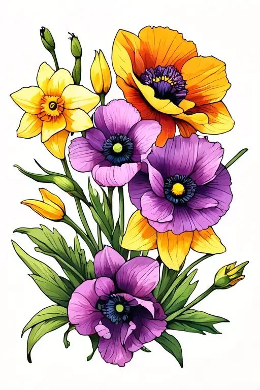 daffodil and poppies blooming tattoo design idea