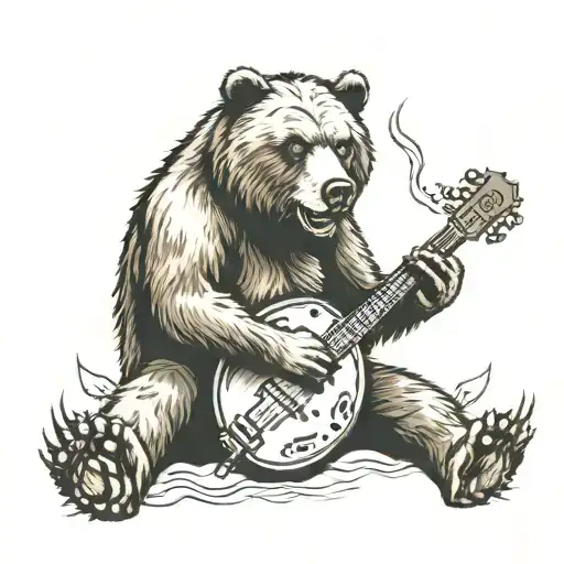 Grizzly bear playing banjo tattoo design idea