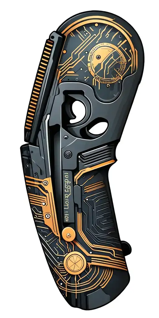 A sleek and modern gun design intertwined with circuitry patterns, showcasing the client's interest in both firearms and tattoo design idea