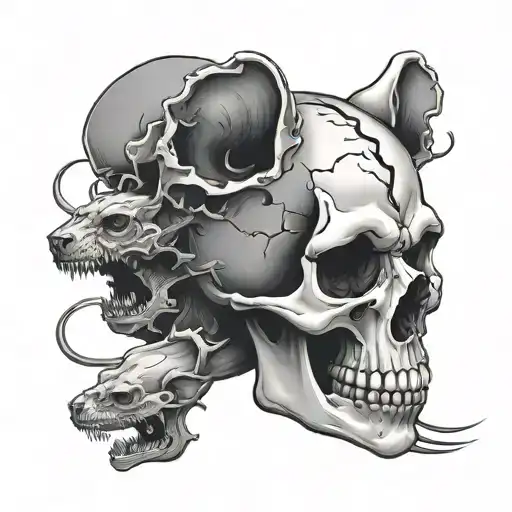 broken skull and rats tattoo design idea