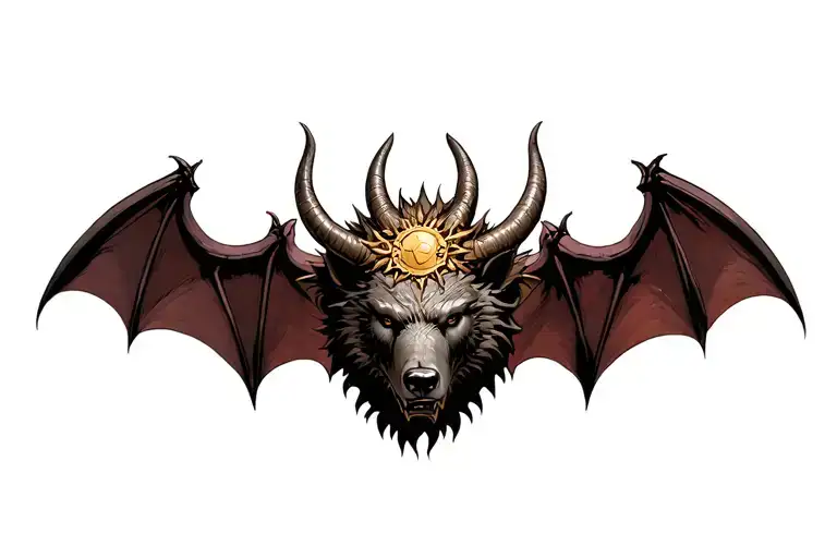 Chimera with the head of the bear, the body of the dragon, the wings of the bat, the tail of the dragon, on the head of the horns, the amulet of Perun the sun, the sedentary tattoo design idea