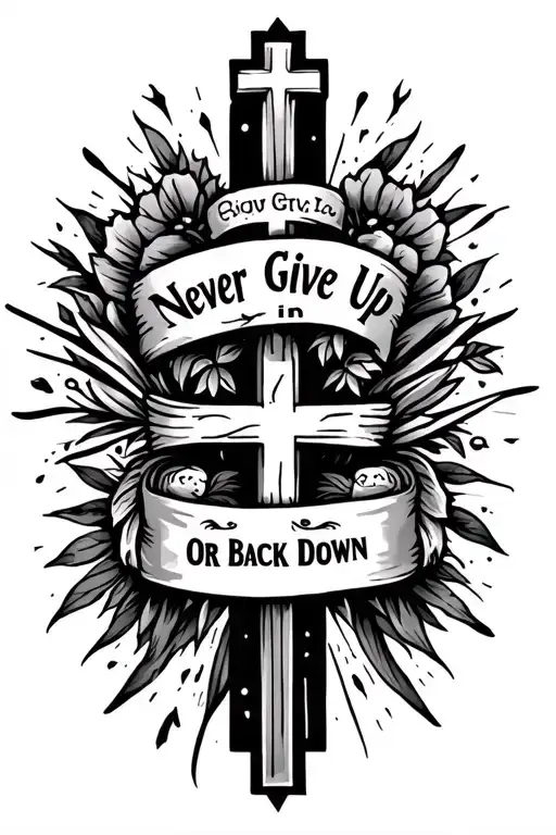 a forearm tattoo that says Never Give Up, Give in, Or Back Down with a cross and other cool christian details tattoo design idea
