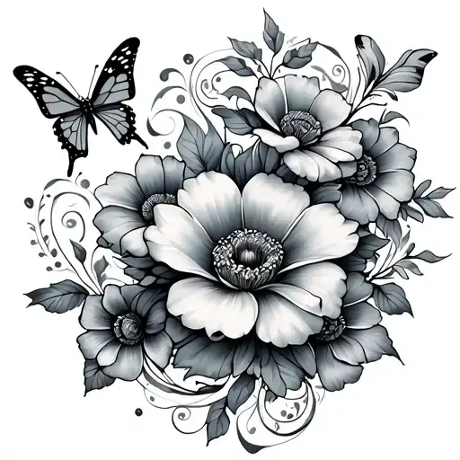 stomach tattoo featuring flowers, butterflies and swirls tattoo design idea