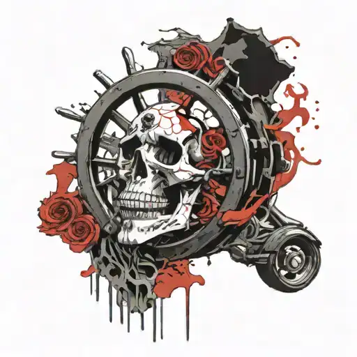 sakura tomb skeleton and steering wheel tattoo design idea