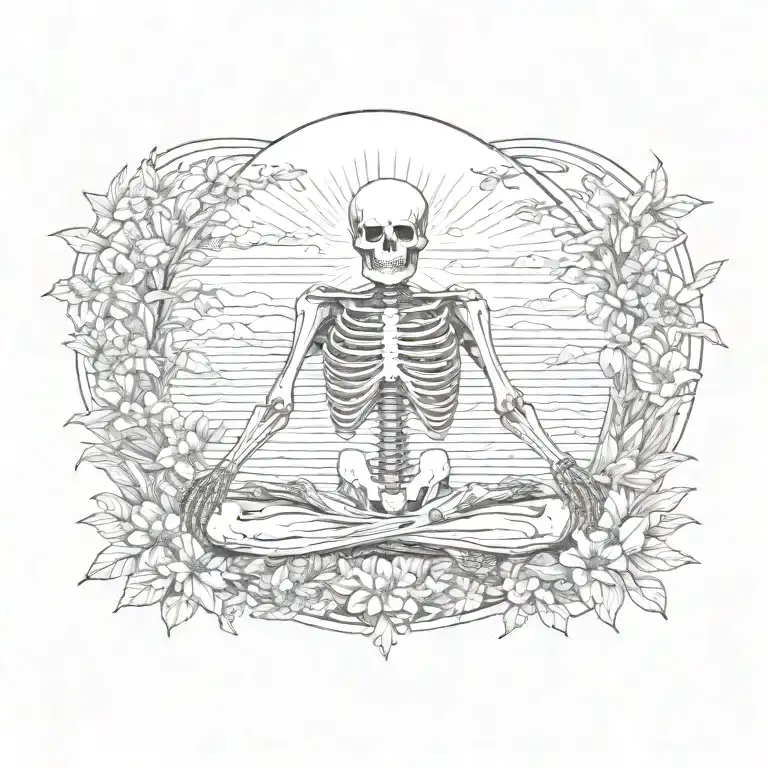 skeleton meditating, big sun , flowers as filler tattoo design idea