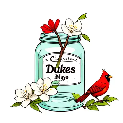 classic dukes brand mayo  jar empty as a flower holder with 2 dogwood flowers and a cardinal  no colors tattoo design idea