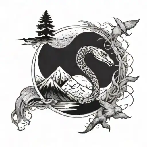 half a moon around which a snake curls, in the middle of the moon (the rest of the month is occupied by mountains tattoo design idea