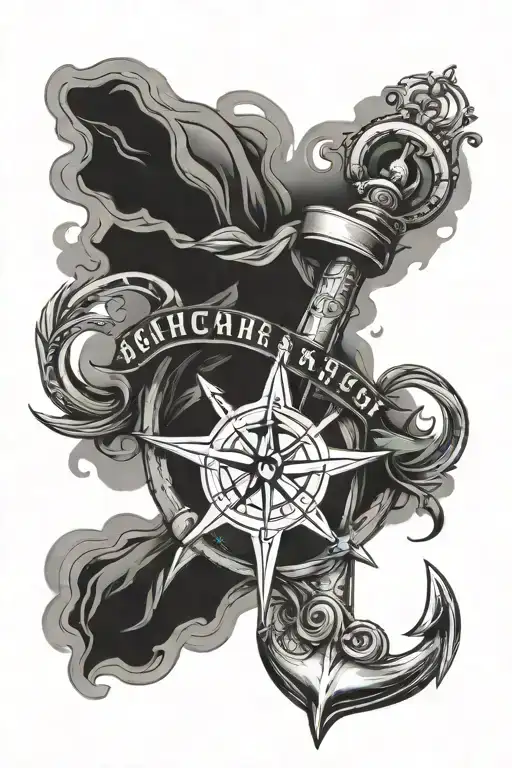 anchor and compass surrounded with names Declan and Eloyse tattoo design idea