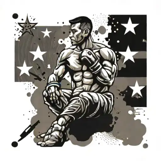 An abstract representation of a muay thai fighter surrounded by military symbols tattoo design idea