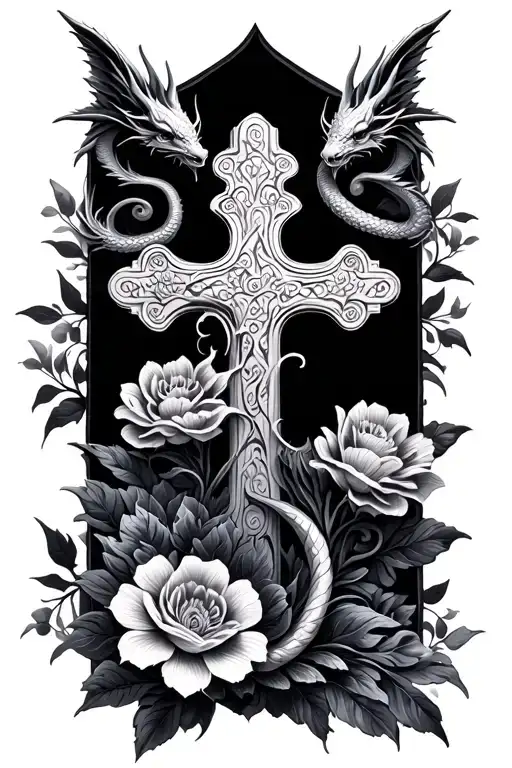 floral cross with tiny dragons wavy feminine tattoo design idea