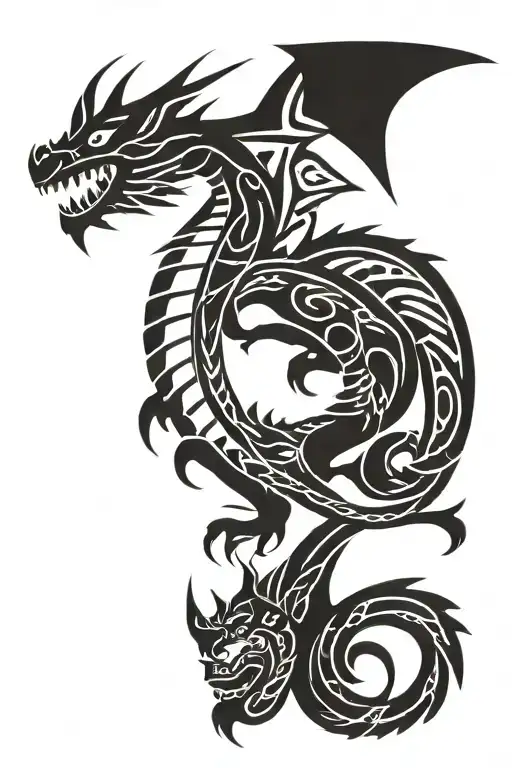 dragon and Polynesian tiki warrior riding tattoo design idea