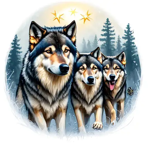 family of four wolves being guided through forest by 3 bright stars tattoo design idea