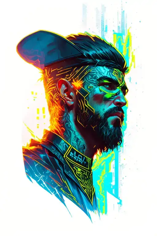 male style sandevistan from cyberpunk 2077 with glowing ink (UV reactive) tattoo design idea