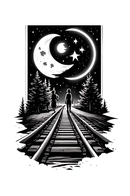 train tracks with sun,moon and stars mom daughter and son tattoo design idea