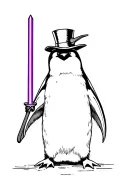 Emperor penguin with a top hat and holding a purple light saber  tattoo design idea