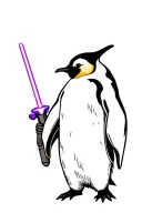 Emperor penguin with a top hat and holding a purple light saber  tattoo design idea