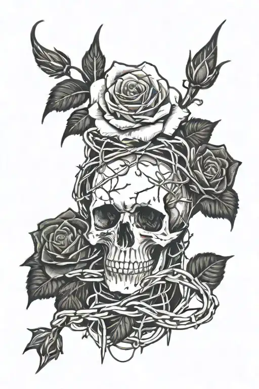 skull with barbed wire and roses growing out of it going up the arm  tattoo design idea