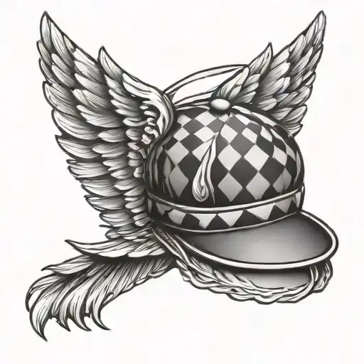 checkered flat cap with wings flying tattoo design idea