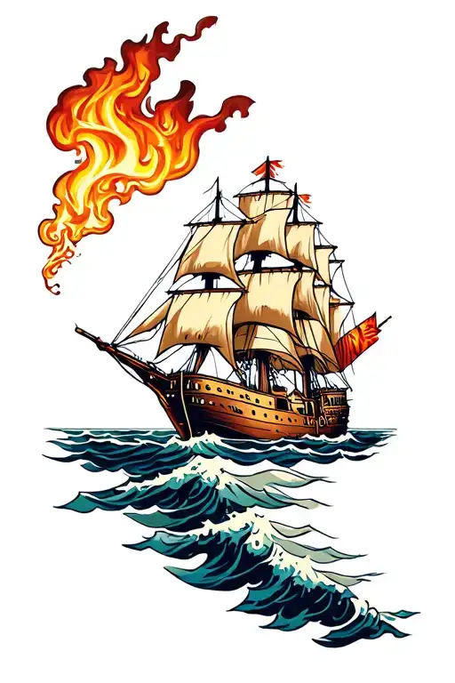 burning clipper ships tattoo design idea