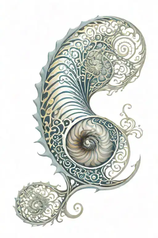 Fractal nautilus shell surrounded by swirling tattoo design idea