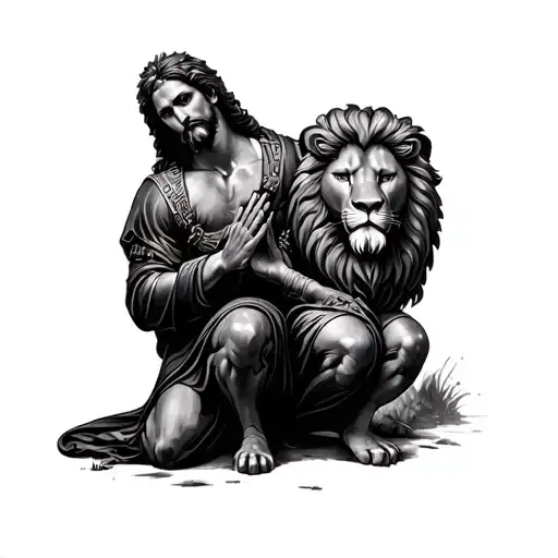 lion face, christ, soldier kneeling praying hands surrounded tattoo design idea