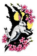 a white hare leaping, pink cherry blossoms surrounding it with a yellow moon in the background tattoo design idea